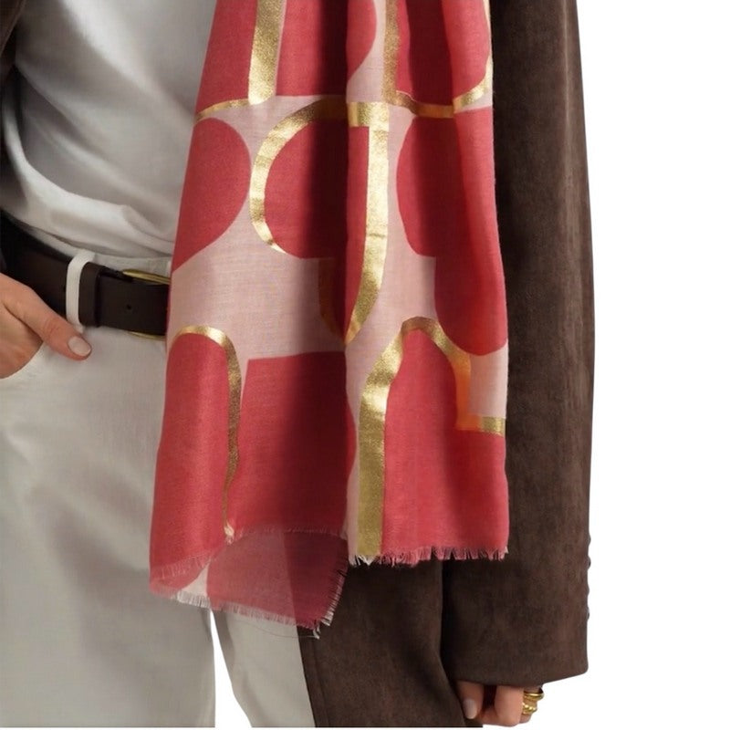 Katie Loxton Heart Tile Printed Scarf Raspberry Pink Gold Foil KLS763 on model ends