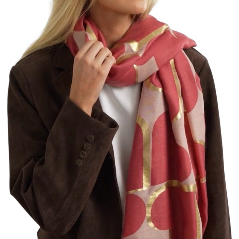 Katie Loxton Heart Tile Printed Scarf Raspberry Pink Gold Foil KLS763 on model front