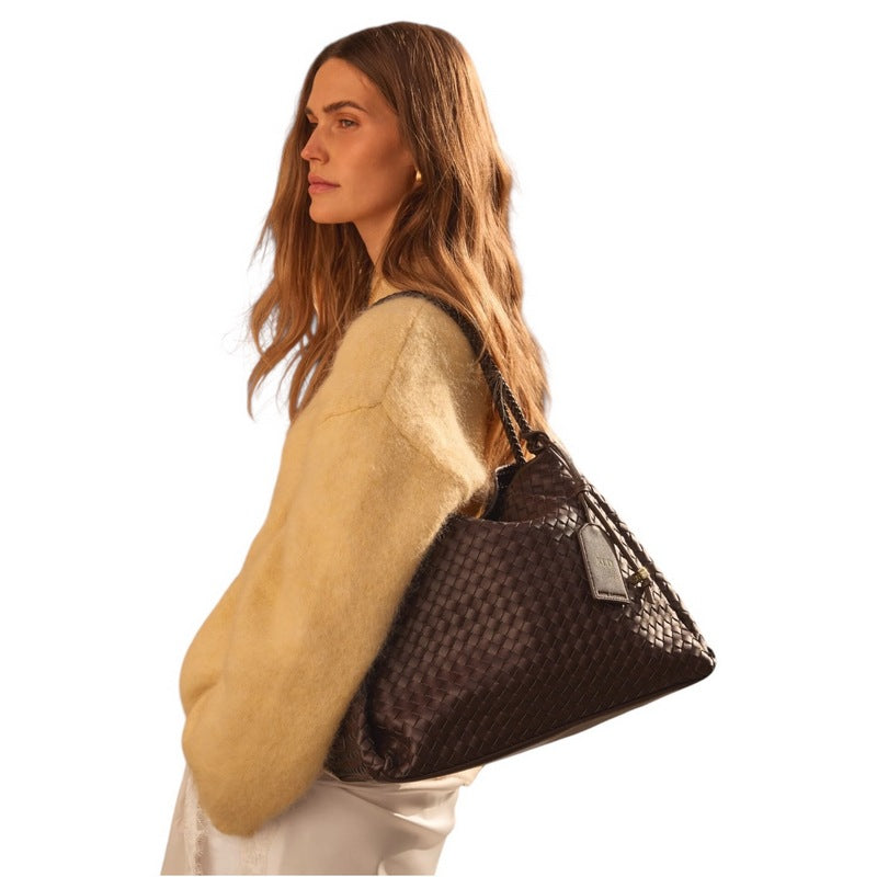Katie Loxton Nova Hand Woven Large Shoulder Bag Chocolate KLB4215 on model 1