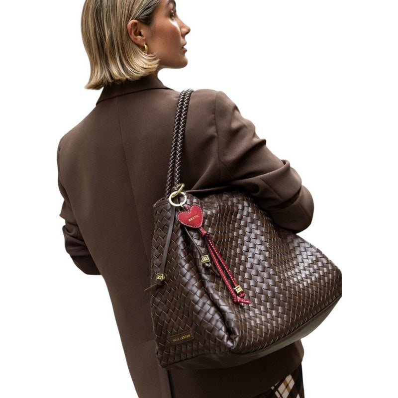 Katie Loxton Nova Hand Woven Large Shoulder Bag Chocolate KLB4215 on model 2