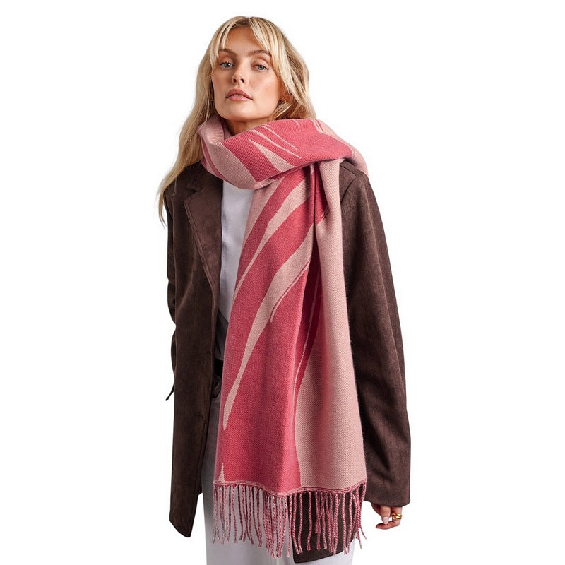 Katie Loxton Printed Blanket Scarf Abstract Brush Stroke Pink Raspberry KLS771 on model