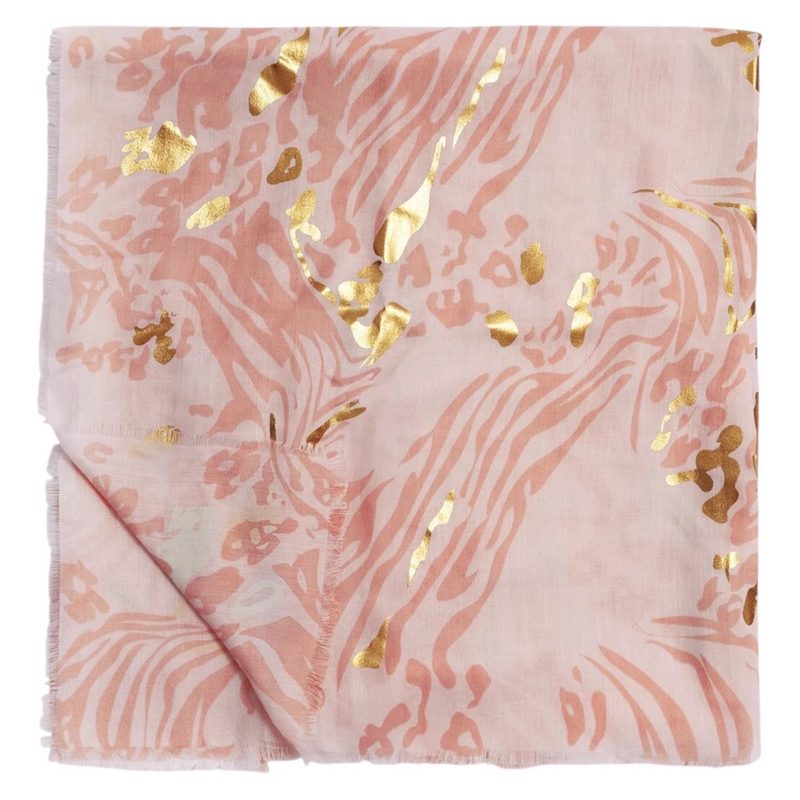 Katie Loxton Printed Foil Scarf Animal Dusty Pink and Gold KLS805 folded