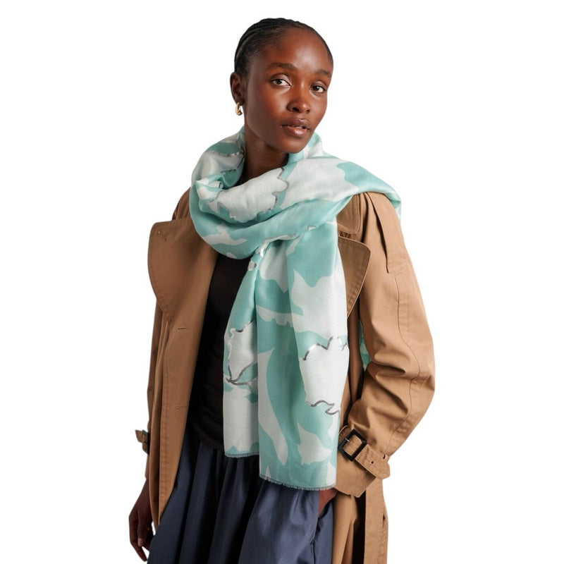 Katie Loxton Printed Foil Scarf Floral Sage & Off White KLS804 on model