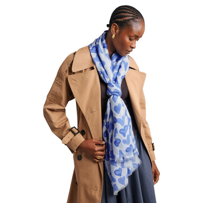 Katie Loxton Blue on White Abstract Heart Printed Scarf KLS803 on model
