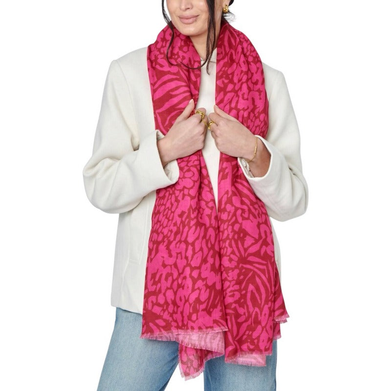 Katie Loxton Printed Scarf Animal Red & Fuchsia KLS597 on model