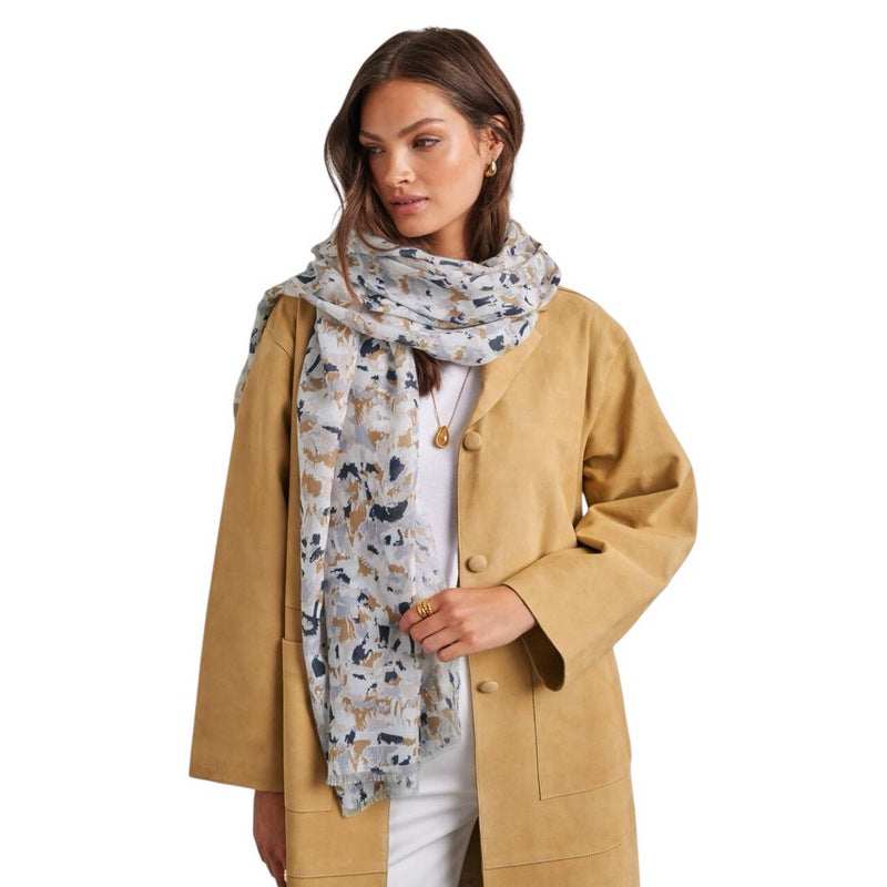 Katie Loxton Printed Scarf Terrazzo White Caramel Navy KLS761 on model