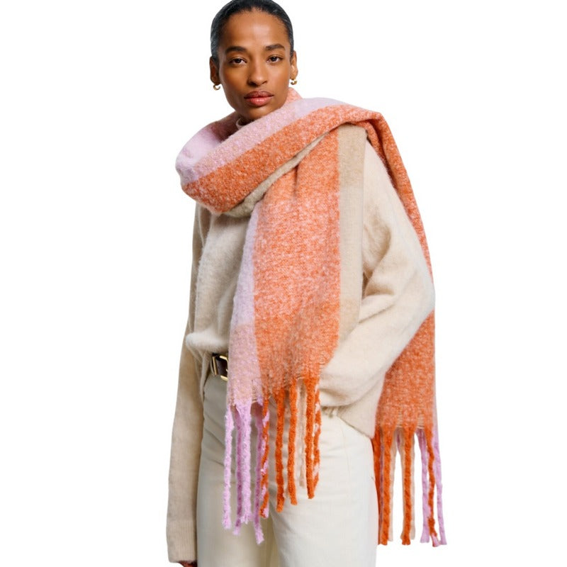 Katie Loxton Recycled Tassle Scarf in Lilac Orange and Taupe KLS729 on model