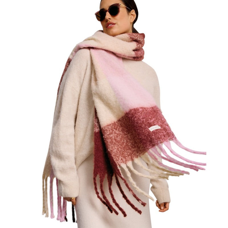 Katie Loxton Recycled Tassle Scarf in Pink Burgundy and Cream KLS728 on model 1