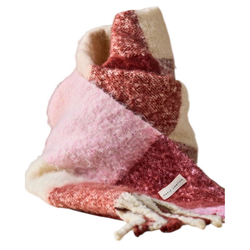 Katie Loxton Recycled Tassle Scarf in Pink Burgundy and Cream KLS728 piled-up