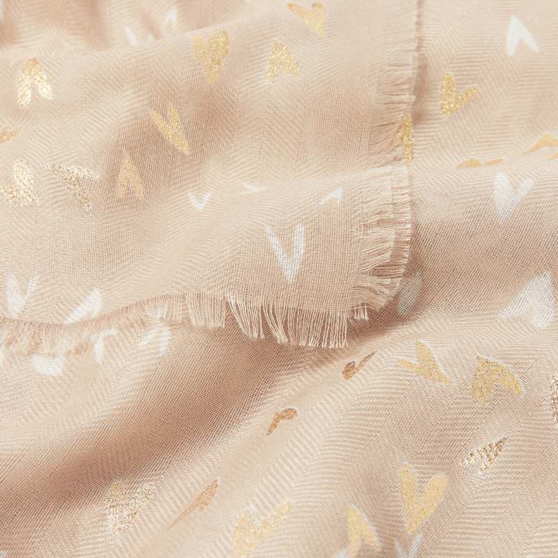 Katie Loxton Scattered Heart Foil Printed Scarf in Soft Tan And Gold KLS557 detail