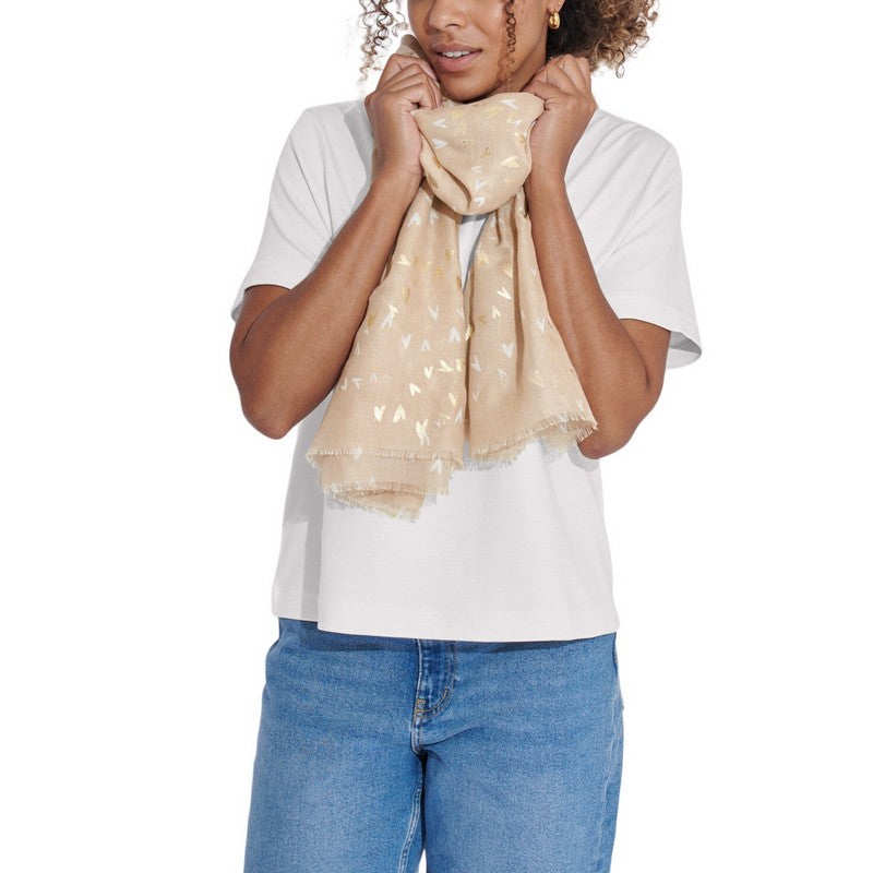 Katie Loxton Scattered Heart Foil Printed Scarf in Soft Tan And Gold KLS557 on model