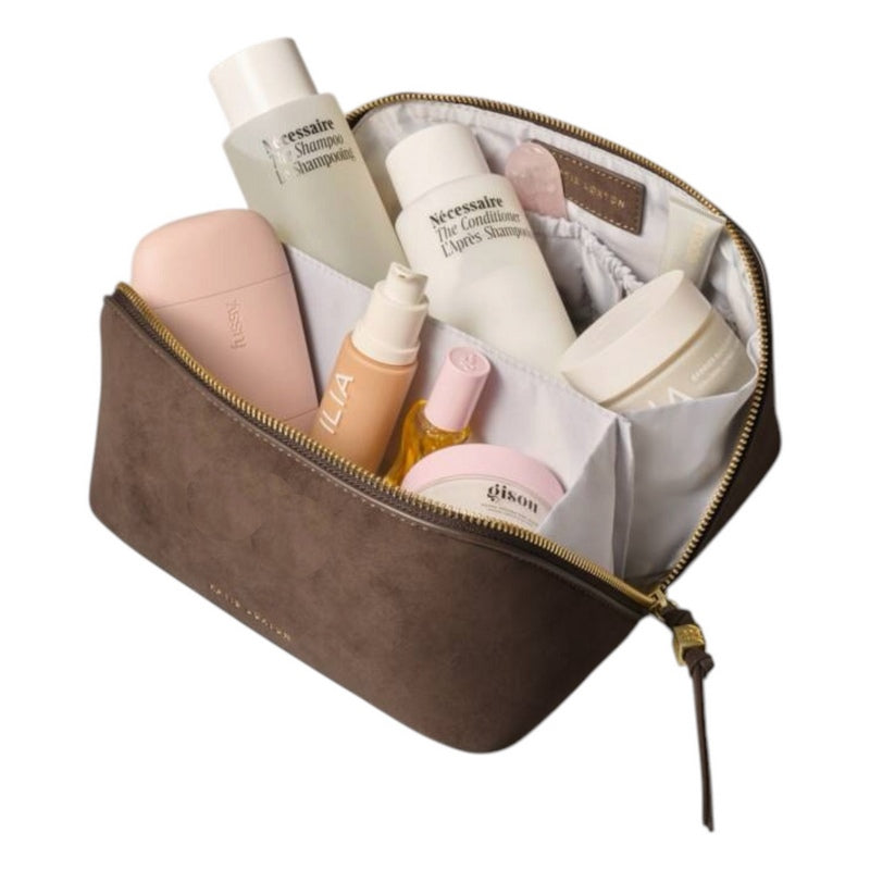 Katie Loxton Soho Makeup or Wash Bag Medium Chocolate Suedette KLB4522 in use