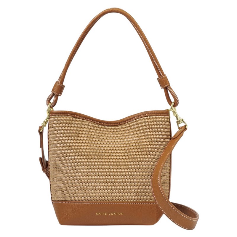 Katie Loxton Sorrento Bucket Bag Natural Raffia Cognac KLB4455 front