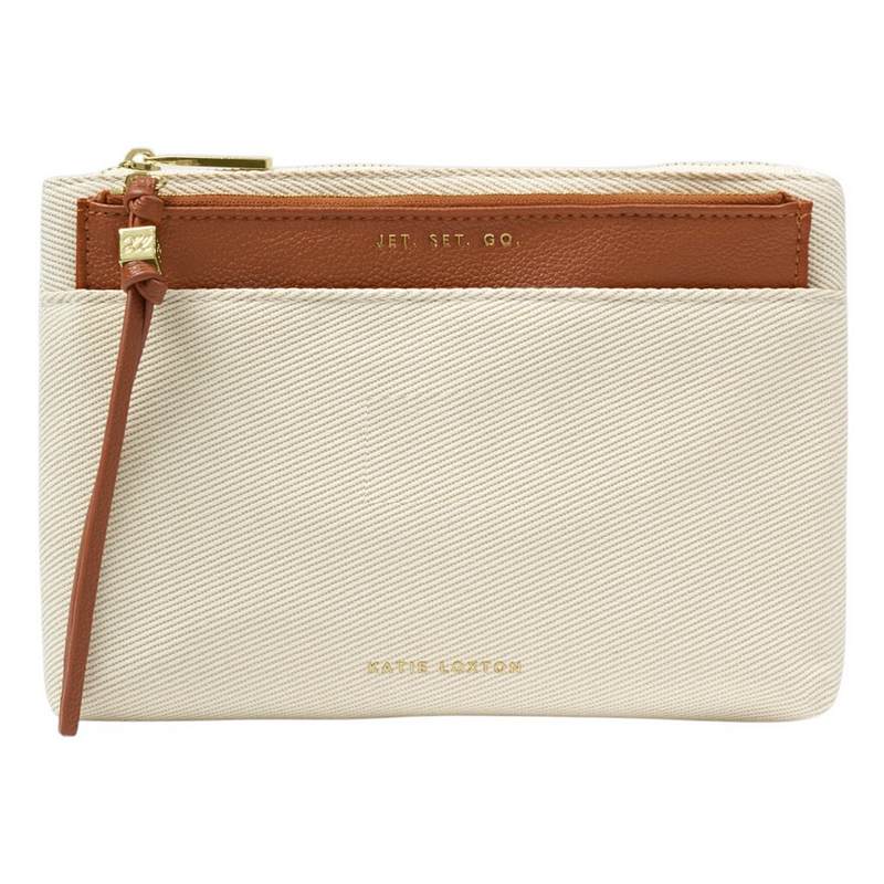 Katie Loxton Travel Duo Pouch Jet Set Go Canvas Cognac KLB4547 front