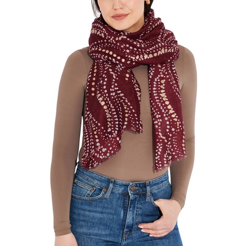 Katie Loxton Waved Dot Metallic Scarf in Burgundy & Gold KLS510 on model