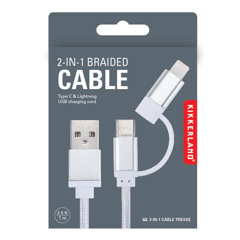 Kikkerland Silver 2-in-1 Braided USB Charging Cable US237-SI box