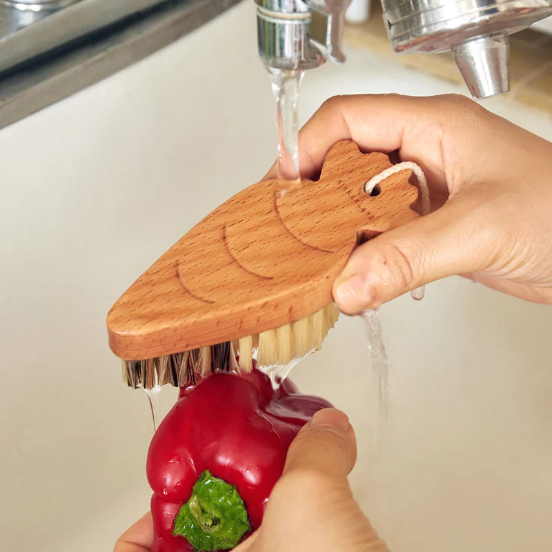 Kikkerland Wooden Carrot-shaped Vegetable Scrubber CU355 in use