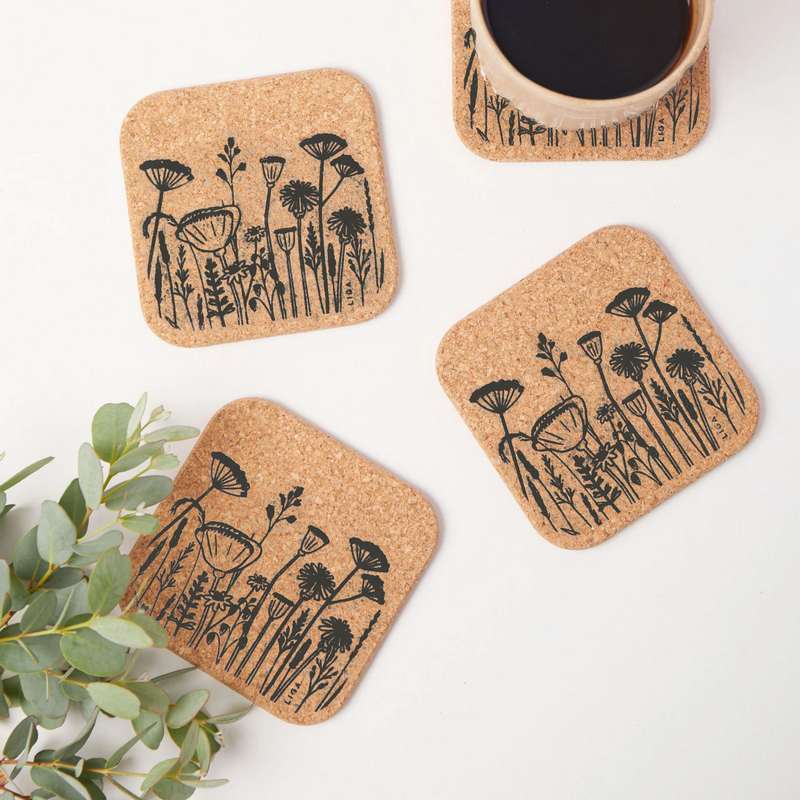 Liga Eco Living Cork Coasters Set Square Flowers Grey CRK-CST-FLO-GREY-SET set 4