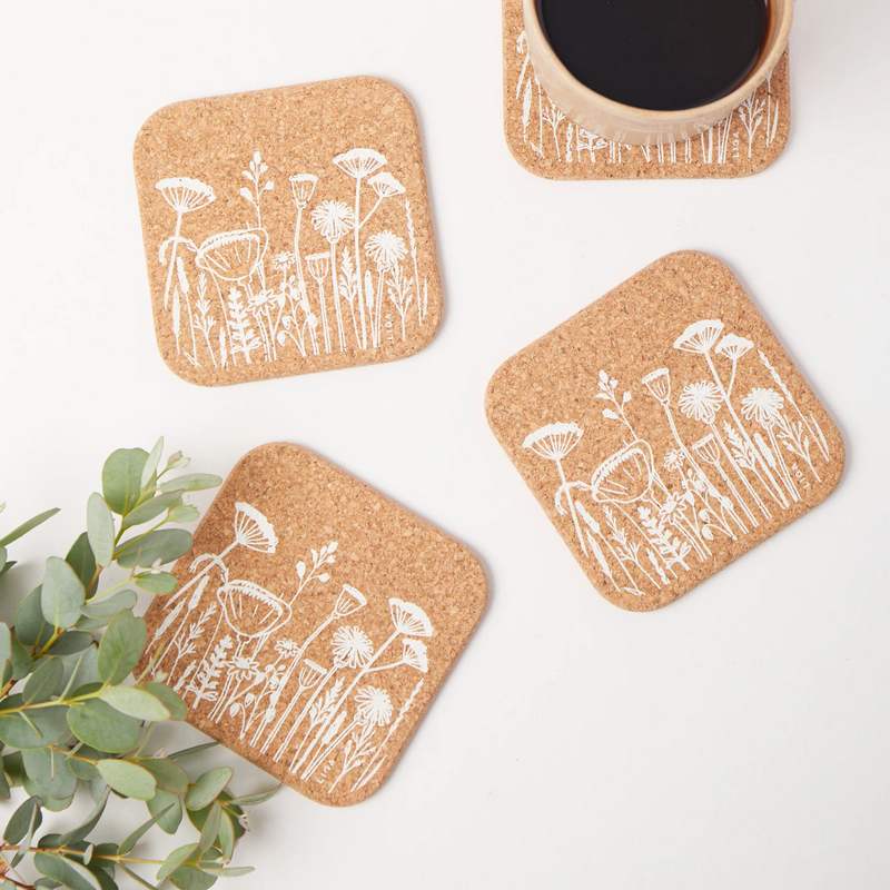 Liga Eco Living Cork Coasters Set Square Flowers White CRK-CST-FLO-SET set 4