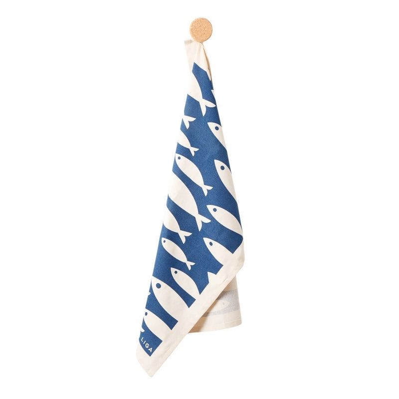 Liga Eco Living Organic Cotton Tea Towel Fish In The Sea ORG-TT-FISH SEA-NVY hanging
