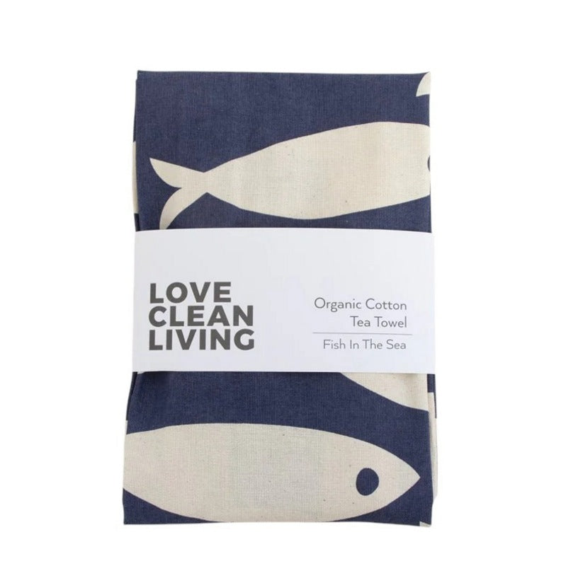 Liga Eco Living Organic Cotton Tea Towel Fish In The Sea ORG-TT-FISH SEA-NVY with label