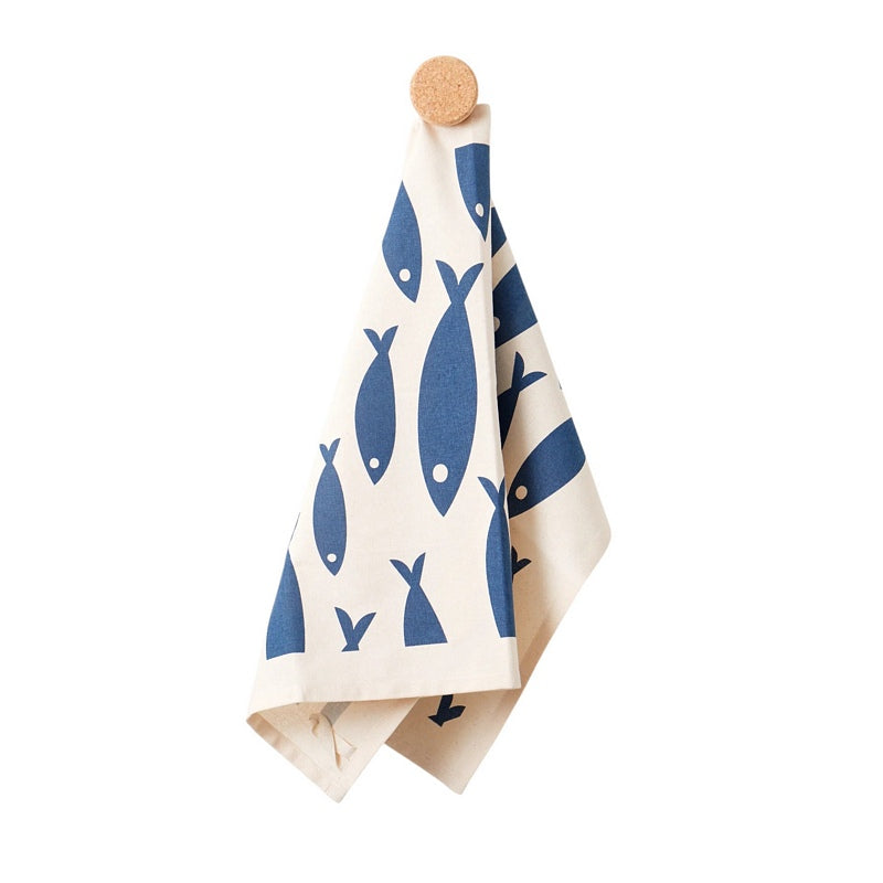 Liga Eco Living Organic Cotton Tea Towel Fish ORG-TT-FISH-NVY hanging
