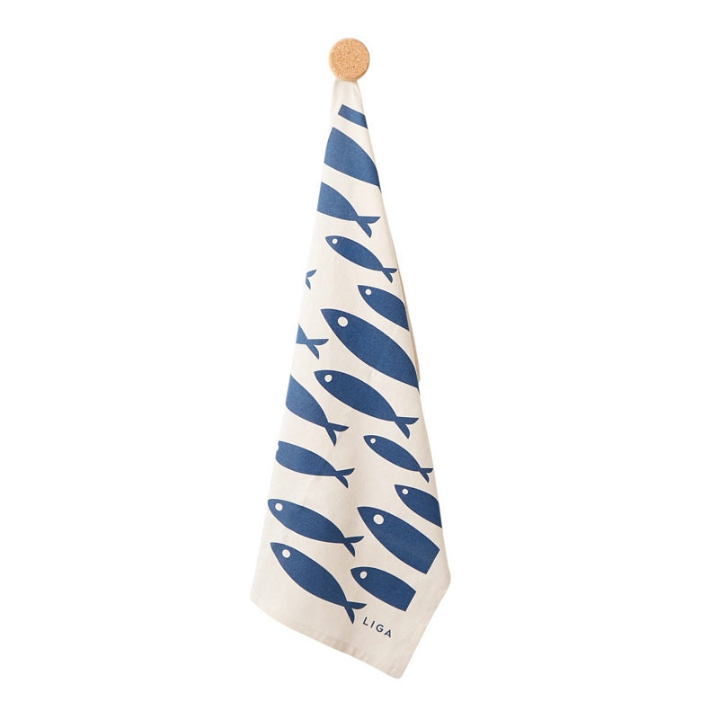 Liga Eco Living Organic Cotton Tea Towel Fish ORG-TT-FISH-NVY hanging