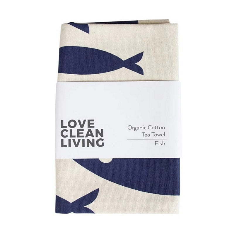 Liga Eco Living Organic Cotton Tea Towel Fish ORG-TT-FISH-NVY with label
