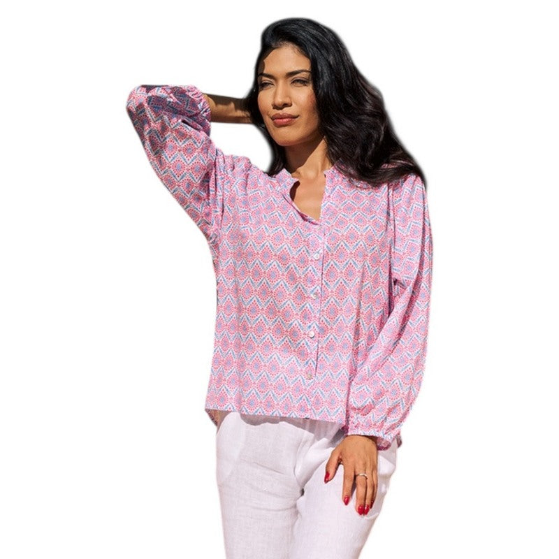 Luella Fashion Bergerac Long Sleeve Blouse Printed Pattern Blue and Pink on model front