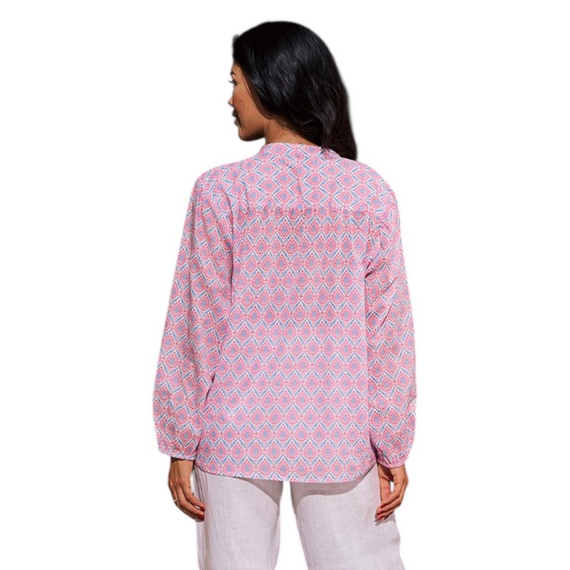 Luella Fashion Bergerac Long Sleeve Blouse Printed Pattern Blue and Pink on model rear