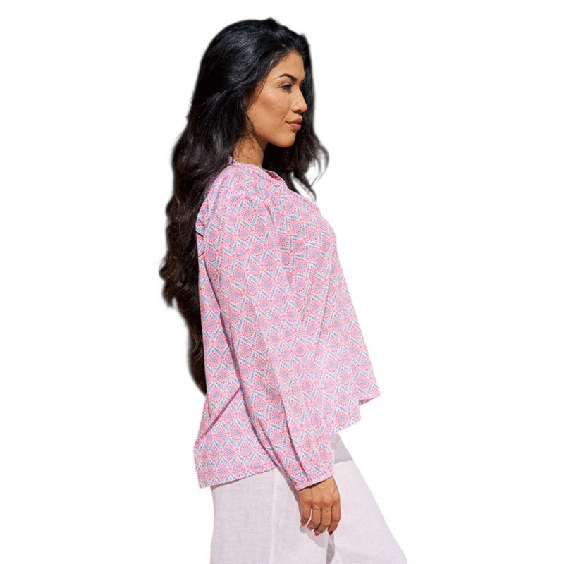 Luella Fashion Bergerac Long Sleeve Blouse Printed Pattern Blue and Pink on model side