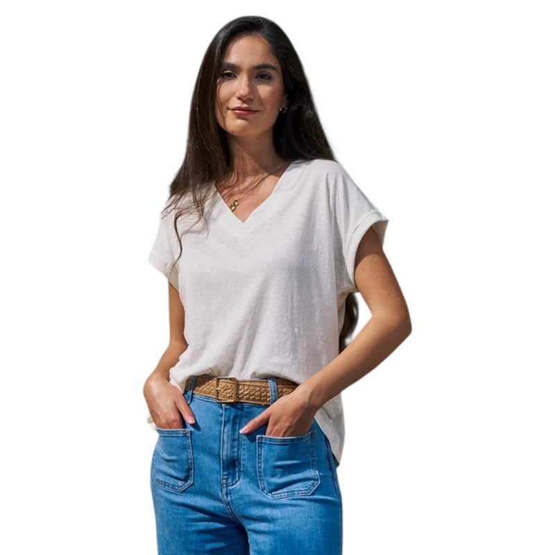 Luella Fashion Cotton T-Shirt V-Neck Vanilla on model front