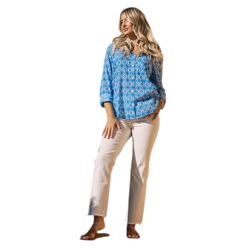 Luella Fashion Dieppe Cotton Shirt Printed Pattern Blue on model front