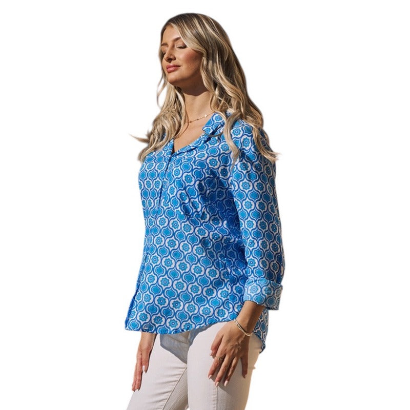 Luella Fashion Dieppe Cotton Shirt Printed Pattern Blue on model side