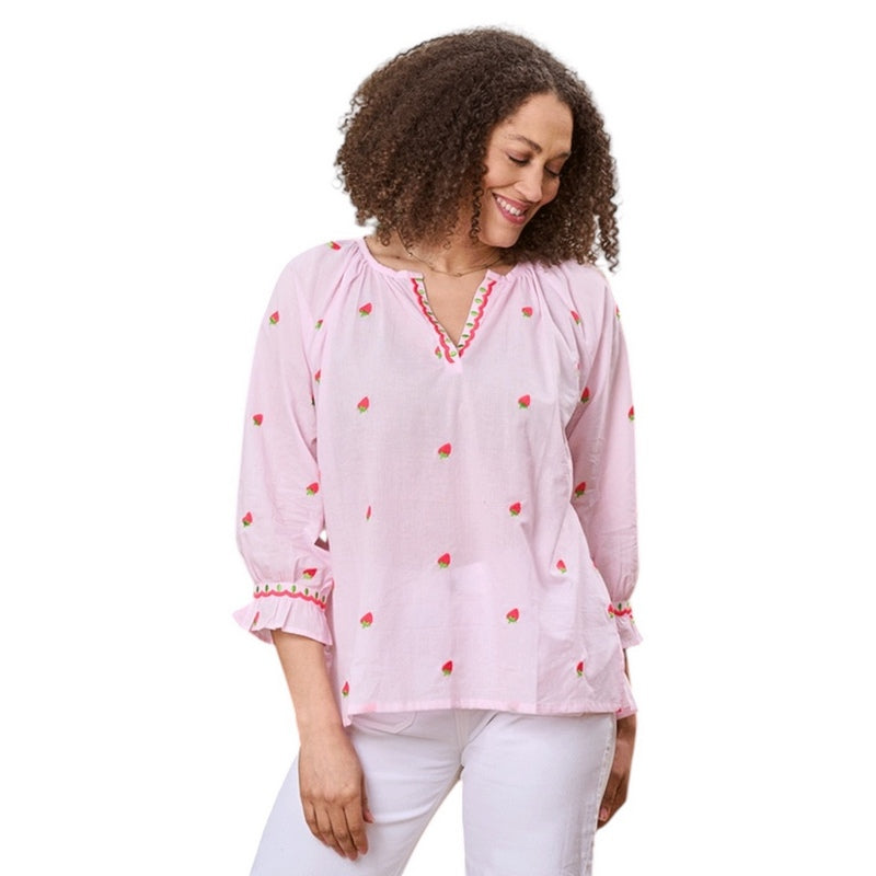 Luella Fashion Florento Cotton Top Embroidered Strawberries on model front 1