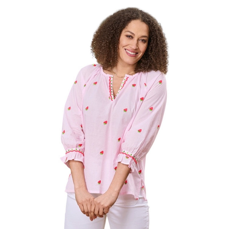 Luella Fashion Florento Cotton Top Embroidered Strawberries on model front 2