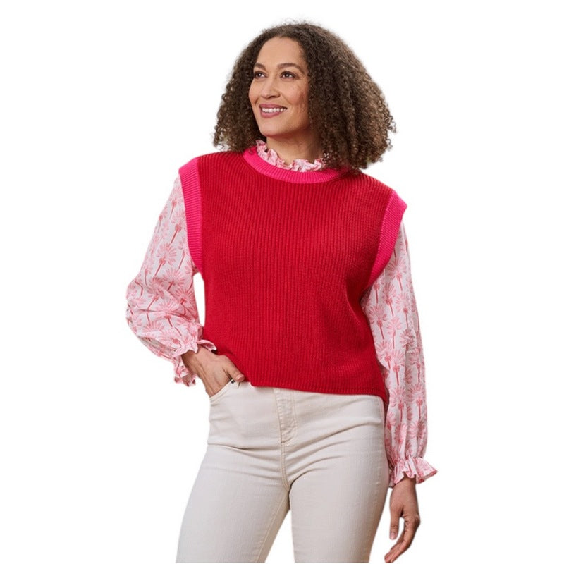 Luella Fashion Truro Cotton Tank Top Contrast Trim Red & Pink on model over blouse front 1