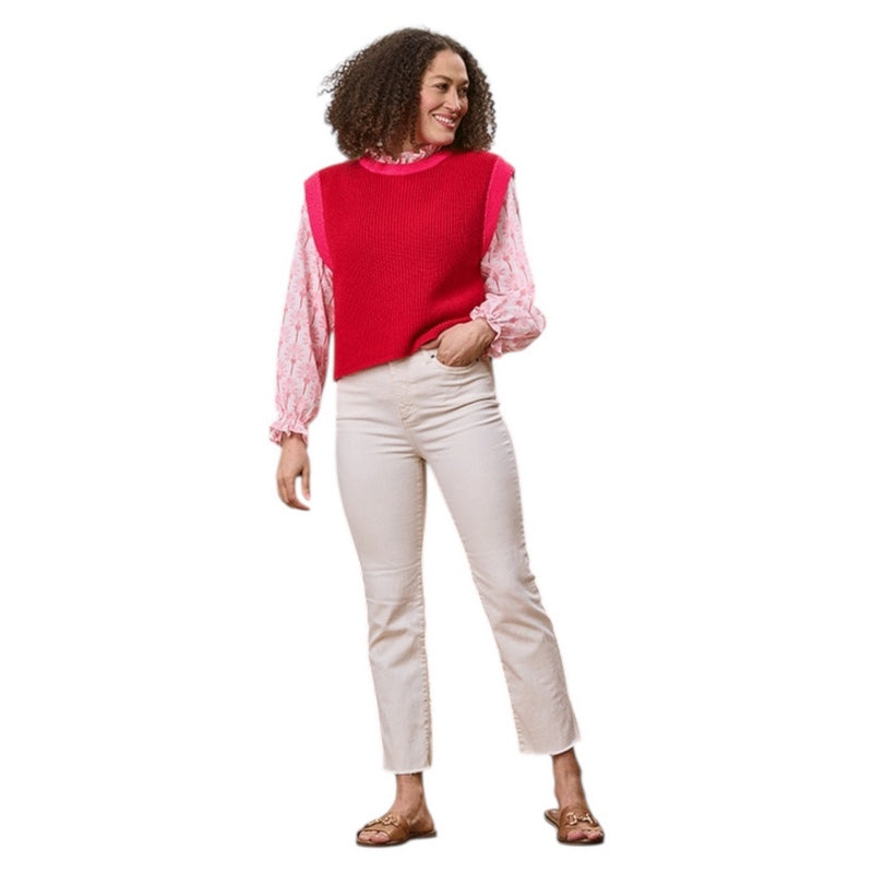 Luella Fashion Truro Cotton Tank Top Contrast Trim Red & Pink on model over blouse full-length