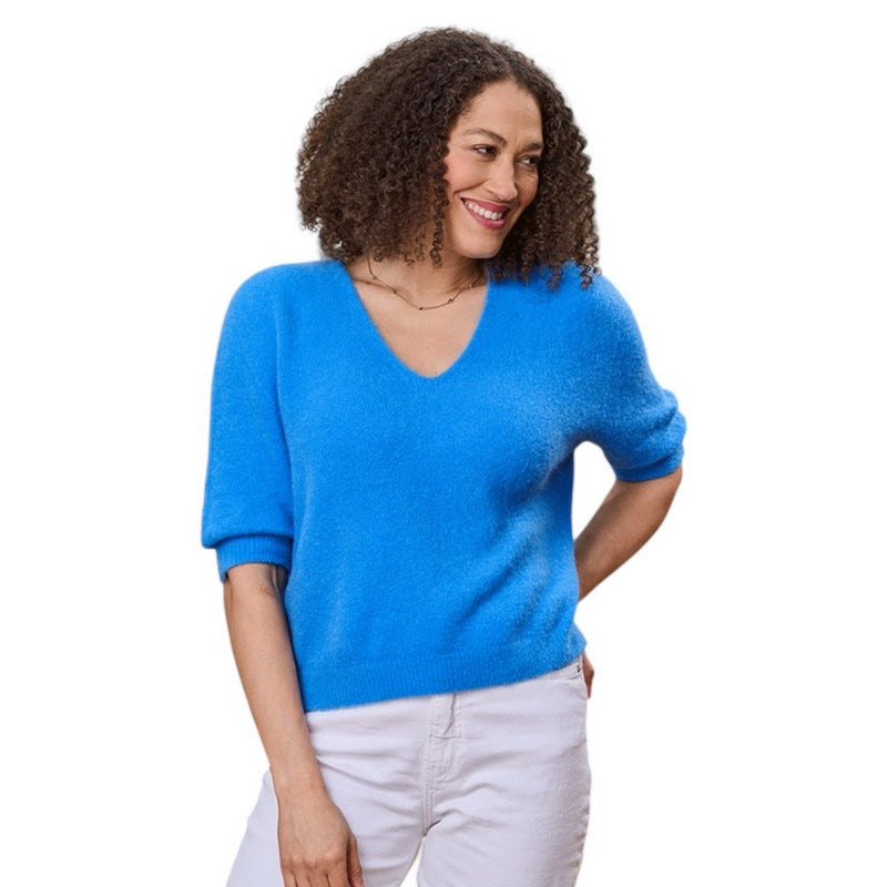 Luella Fashion Valentina Short Sleeve V-Neck Alpaca Knit Jumper Bright Blue on model front
