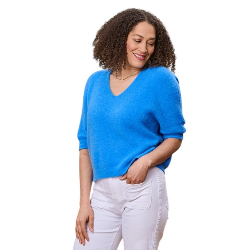 Luella Fashion Valentina Short Sleeve V-Neck Alpaca Knit Jumper Bright Blue on model main