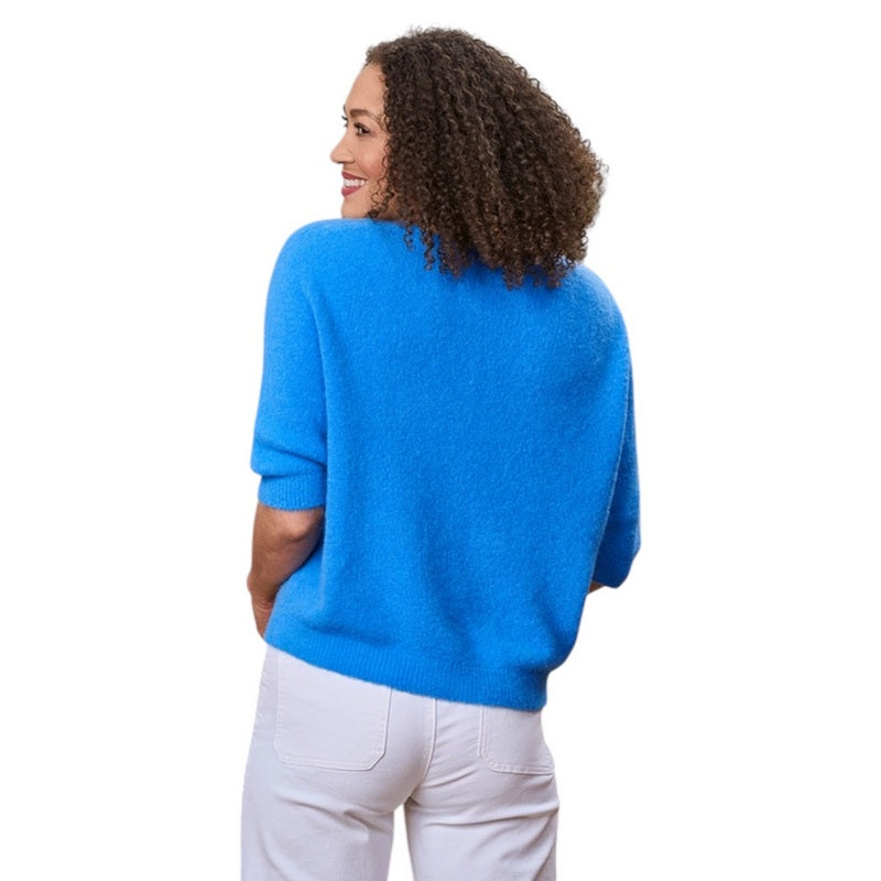 Luella Fashion Valentina Short Sleeve V-Neck Alpaca Knit Jumper Bright Blue on model rear