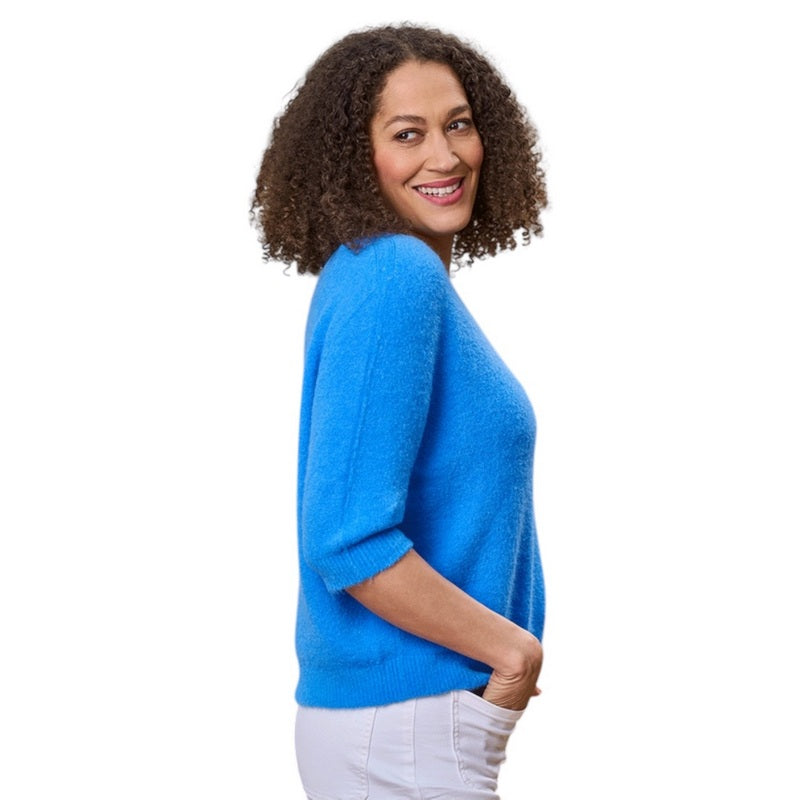 Luella Fashion Valentina Short Sleeve V-Neck Alpaca Knit Jumper Bright Blue on model side