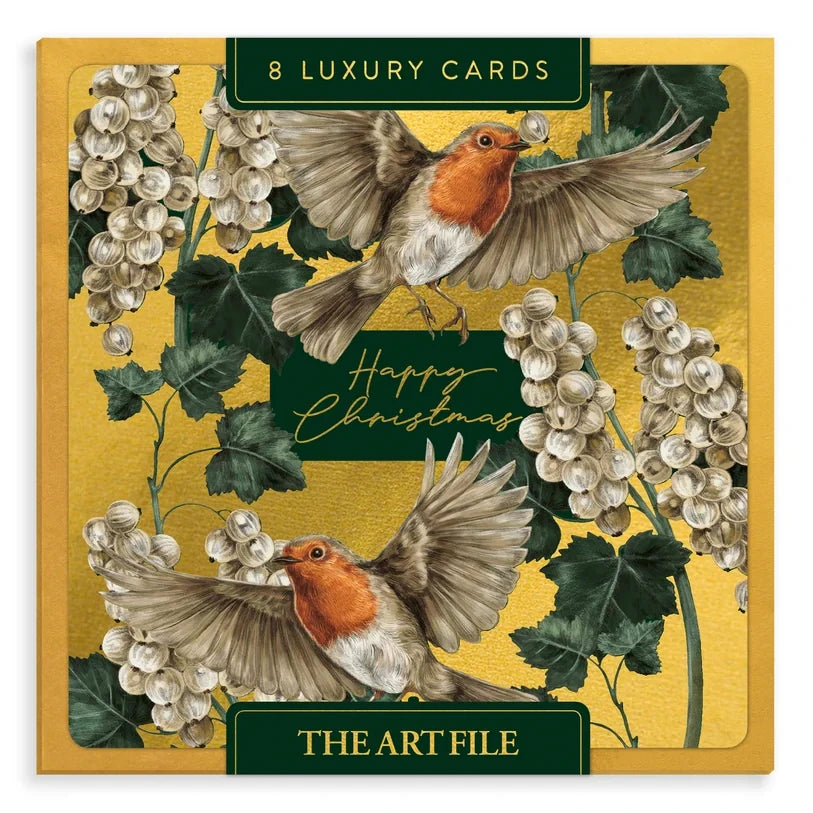 Luxury Christmas Cards Box of 8 Happy Christmas Robins on Gold LBX123 box