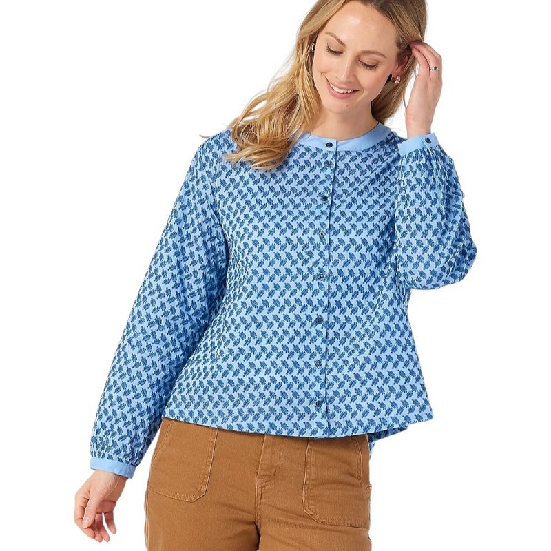 Masai Clothing Inegoa Embroidered Shirt Placid Blue on model close-up