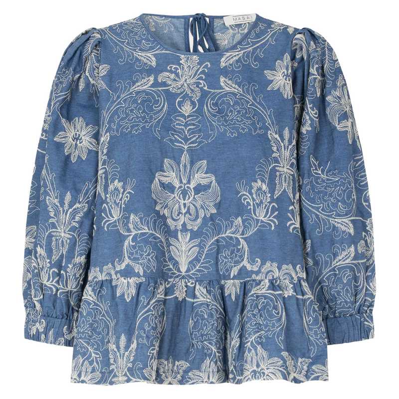 Masai Clothing Ma Basilia Blouse in Embroidered Blue Denim 1008075-2022P front
