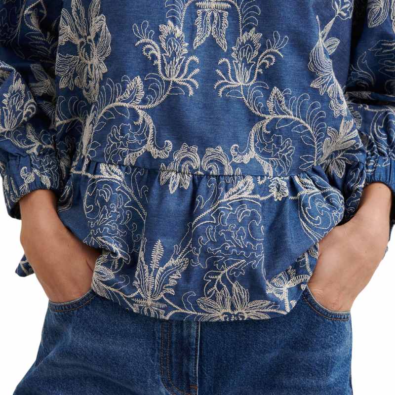 Masai Clothing Ma Basilia Blouse in Embroidered Blue Denim 1008075-2022P on model detail