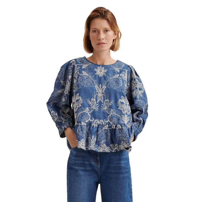 Masai Clothing Ma Basilia Blouse in Embroidered Blue Denim 1008075-2022P on model front