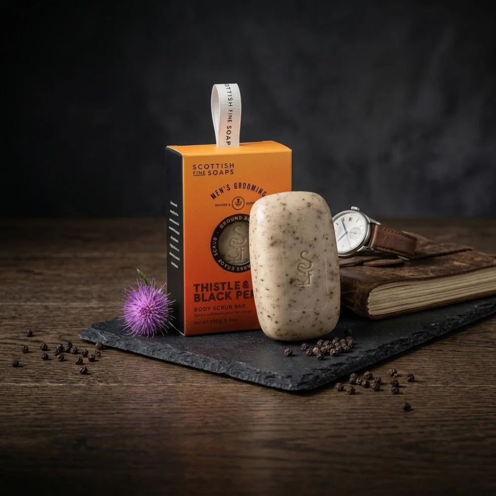 Men's Grooming Thistle & Black Pepper Exfoliating Body Scrub Bar lifestyle
