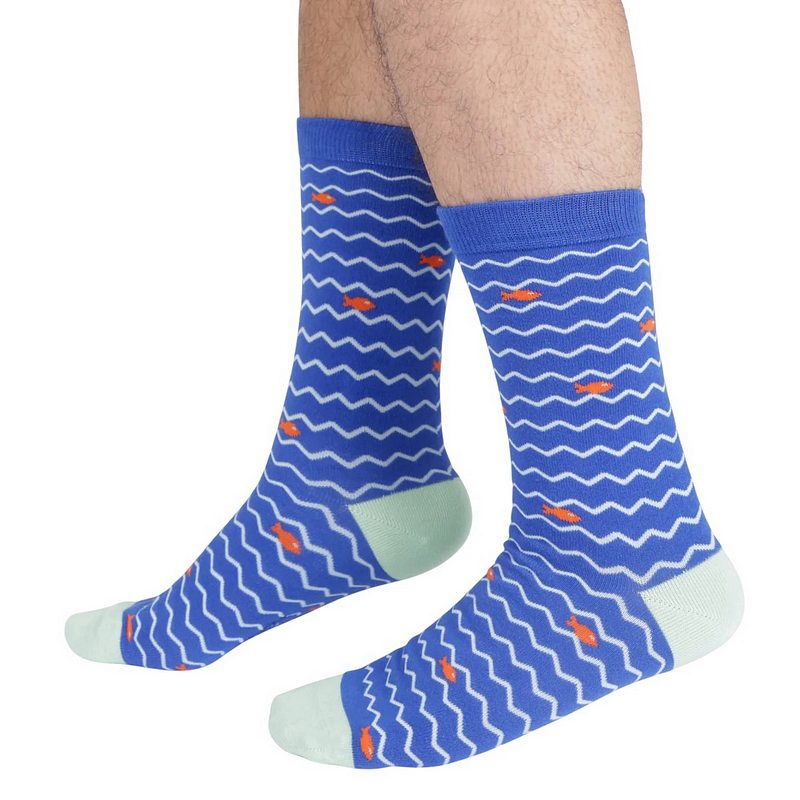 Mens Wavy Sea Stripe Organic Cotton Crew Socks Cobalt Blue on model pair