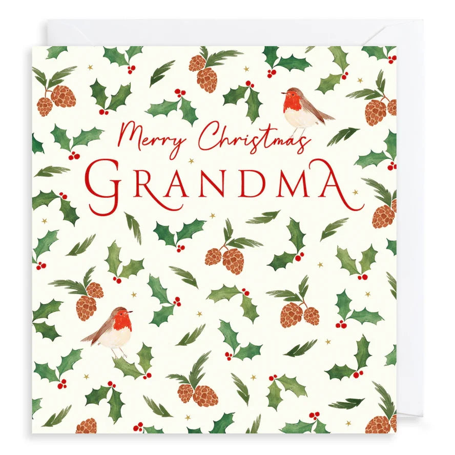 Merry Christmas Grandma Holly & Pinecones Card AFRX269 front